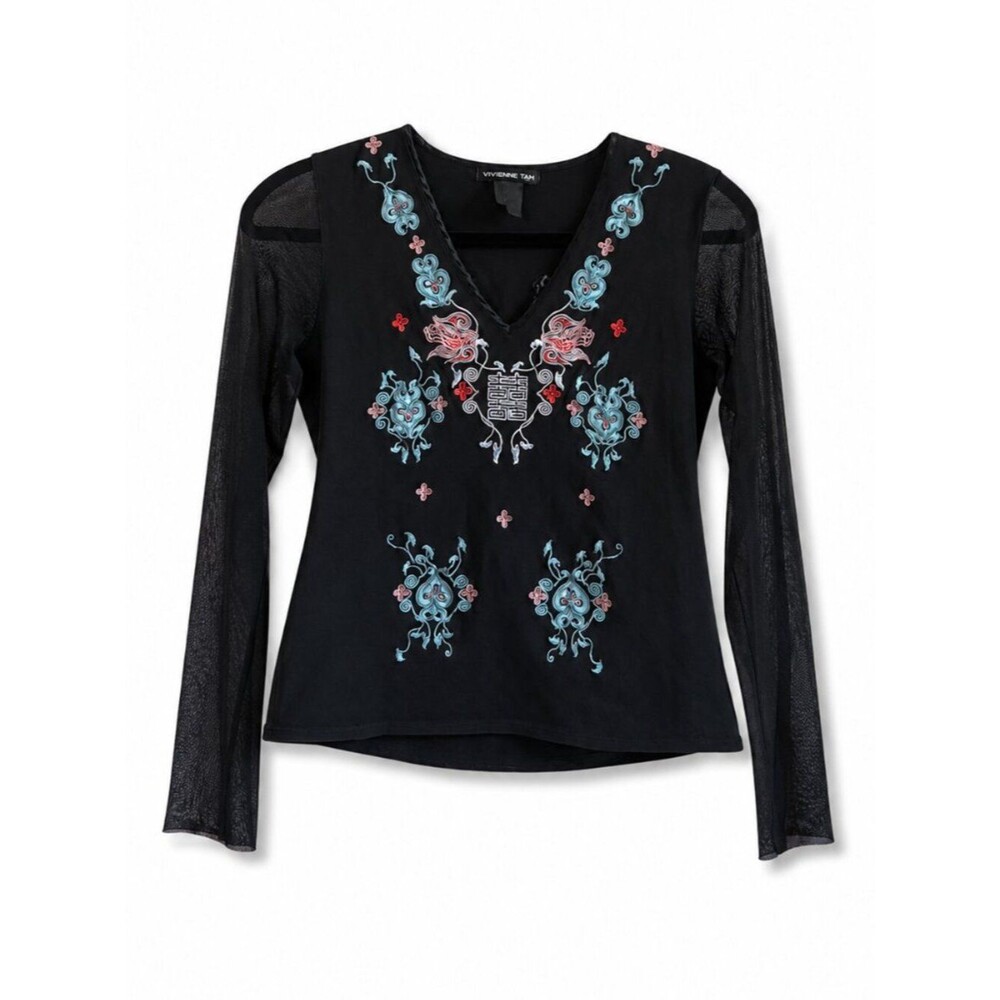 Vivienne Tam Y2K Vintage Mesh Long Sleeve Floral Embroidered Top